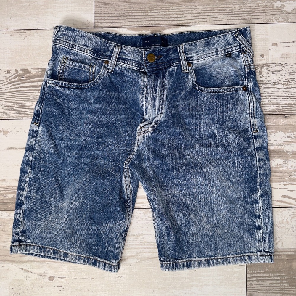 Zara Man Jean Shorts Mens 36 Blue Denim Relaxed Fit Flat Front Hipster Acid Wash